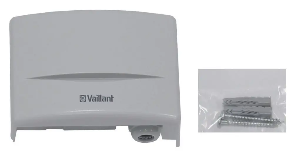 Funkempfänger in grauer Farbe von Vaillant, mit integrativem Außenfühler. Im Bild sind außerdem zwei Schrauben und zwei Dübel in einer durchsichtigen Verpackung zu sehen.